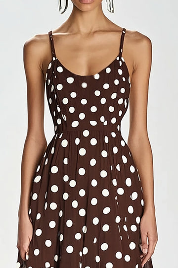 Kaffe Spaghetti Stropper Lang En Linje Hvit Polka Dots Kjole